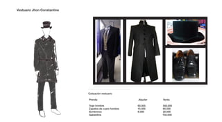 Vestuario & accesorios Jhon Constantine
Vestuario Jhon Constantine   Vestuario & accesorios Jhon Constantine




                                           Cotización vestuario
                             Cotización vestuario
                                             Prenda                            Alquiler        Venta
                             Prenda                                 Alquiler         Venta
                                            Traje hombre                       60.000          500.000
                                            Zapatos de cuero hombre            15.000          60.000
                             Traje hombre                          60.000            500.000
                                            Sombreros                          6.000           20.000
                             Zapatos de cuero hombre               15.000            60.000
                                            Gabardina                                          140.000
                             Sombreros                             6.000             20.000
                             Gabardina                                              140.000
 