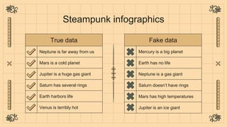Steampunk infographics
True data
Neptune is far away from us
Mars is a cold planet
Jupiter is a huge gas giant
Saturn has ...