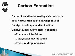 Carbon Formation
•Carbon formation formed by side reactions
•Totally unwanted due to damage caused
•Catalyst break up and deactivation
•Catalyst tubes overheated - hot bands
–Premature tube failure
–Catalyst activity reduction
–Pressure drop increases
 