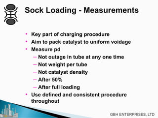 Sock Loading - Measurements
• Key part of charging procedure
• Aim to pack catalyst to uniform voidage
• Measure pd
– Not outage in tube at any one time
– Not weight per tube
– Not catalyst density
– After 50%
– After full loading
• Use defined and consistent procedure
throughout
 