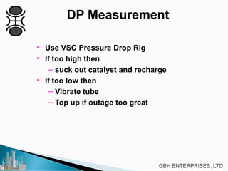 DP Measurement
• Use VSC Pressure Drop Rig
• If too high then
– suck out catalyst and recharge
• If too low then
– Vibrate tube
– Top up if outage too great
 