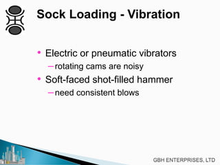 Sock Loading - Vibration
• Electric or pneumatic vibrators
–rotating cams are noisy
• Soft-faced shot-filled hammer
–need consistent blows
 