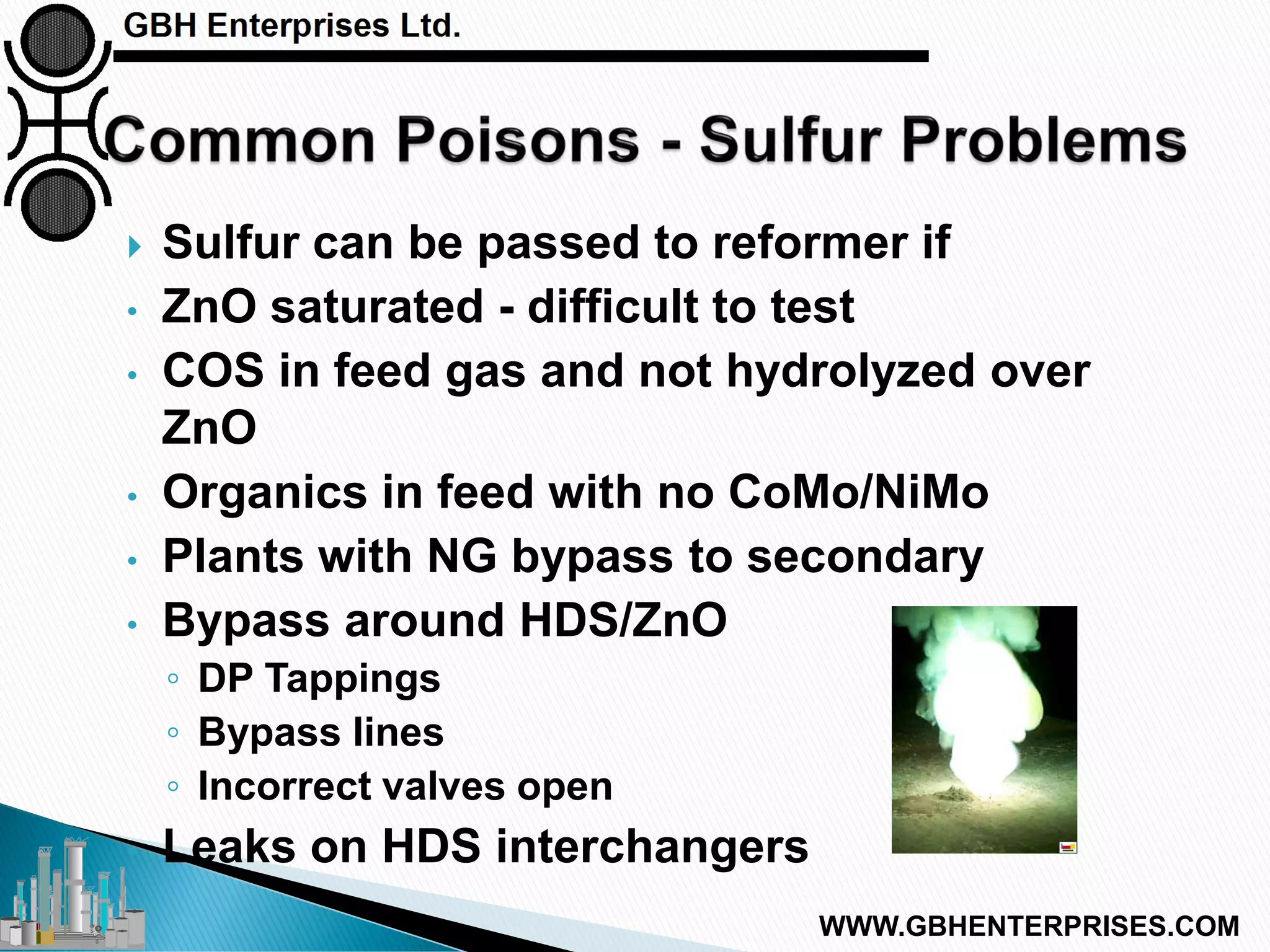  Sulfur can be passed to reformer if
• ZnO saturated - difficult to test
• COS in feed gas and not hydrolyzed over
ZnO
• Organics in feed with no CoMo/NiMo
• Plants with NG bypass to secondary
• Bypass around HDS/ZnO
◦ DP Tappings
◦ Bypass lines
◦ Incorrect valves open
• Leaks on HDS interchangers
WWW.GBHENTERPRISES.COM
 