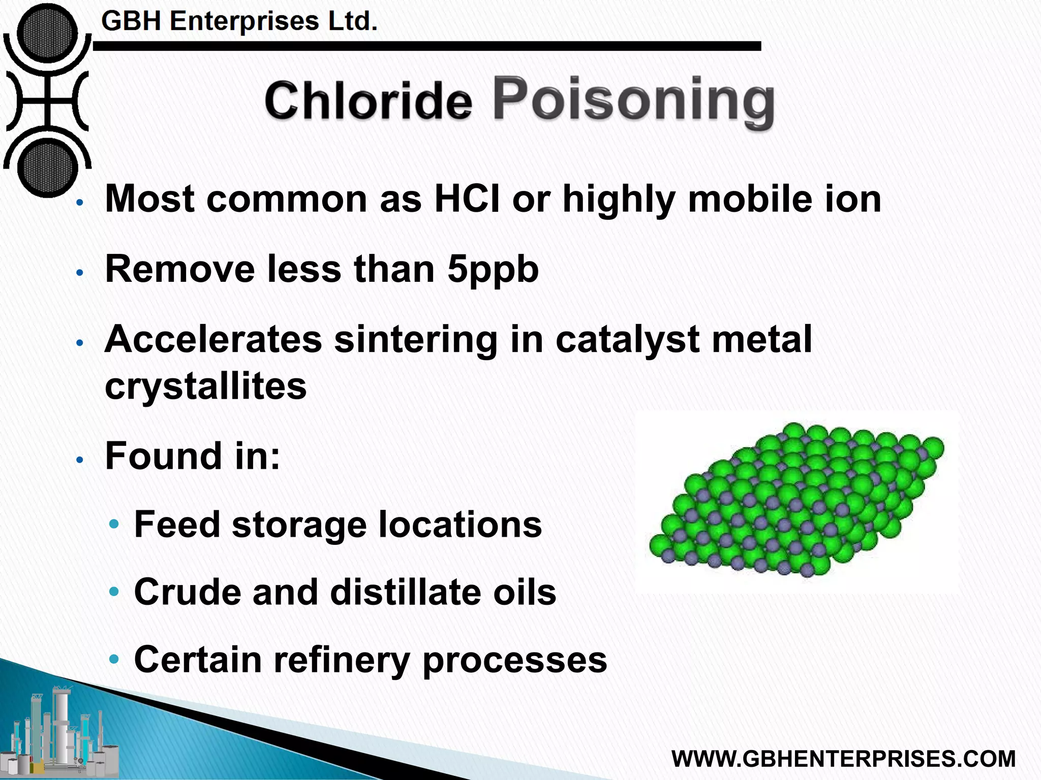 • Most common as HCI or highly mobile ion
• Remove less than 5ppb
• Accelerates sintering in catalyst metal
crystallites
• Found in:
• Feed storage locations
• Crude and distillate oils
• Certain refinery processes
WWW.GBHENTERPRISES.COM
 