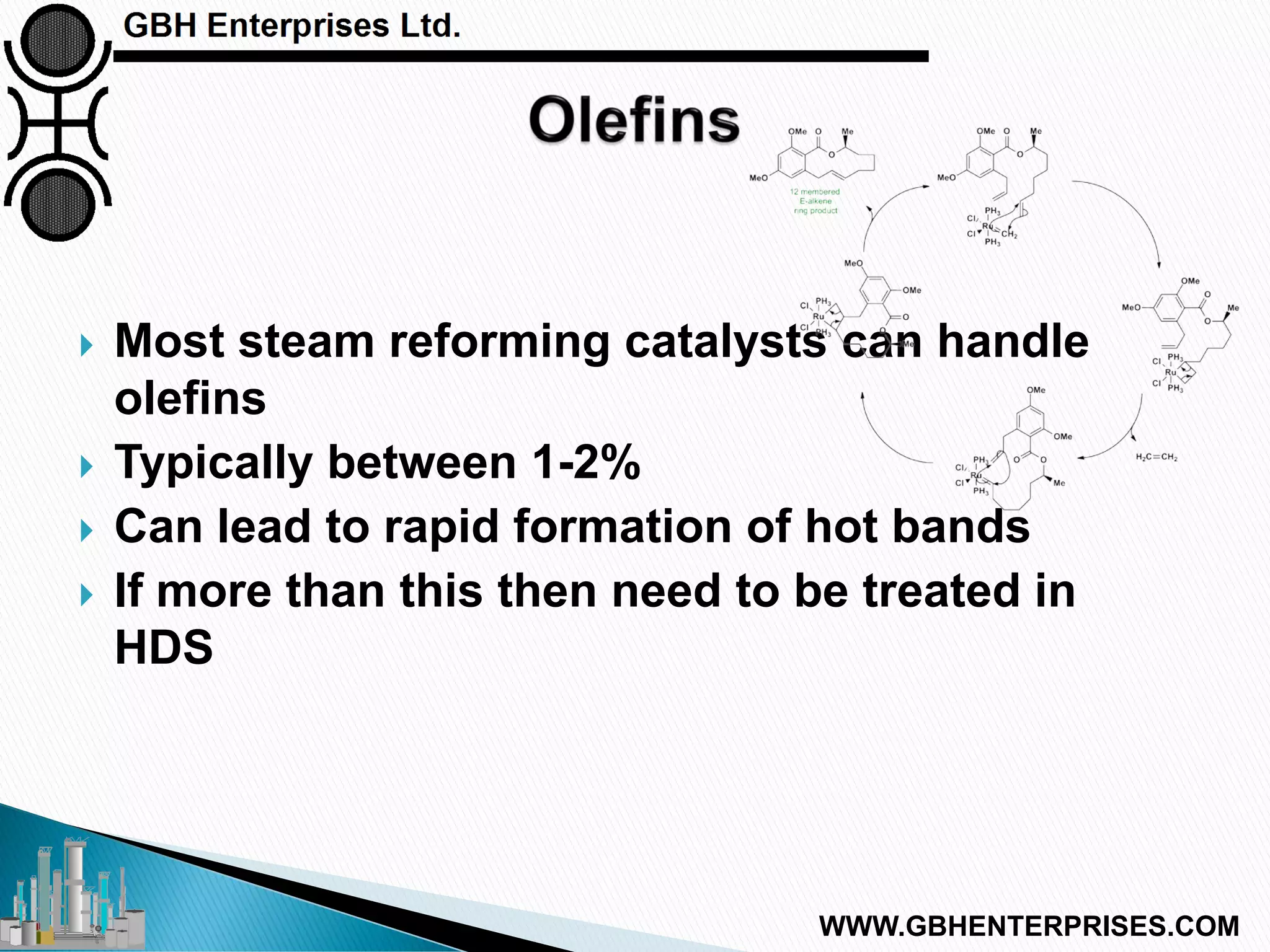  Most steam reforming catalysts can handle
olefins
 Typically between 1-2%
 Can lead to rapid formation of hot bands
 If more than this then need to be treated in
HDS
WWW.GBHENTERPRISES.COM
 