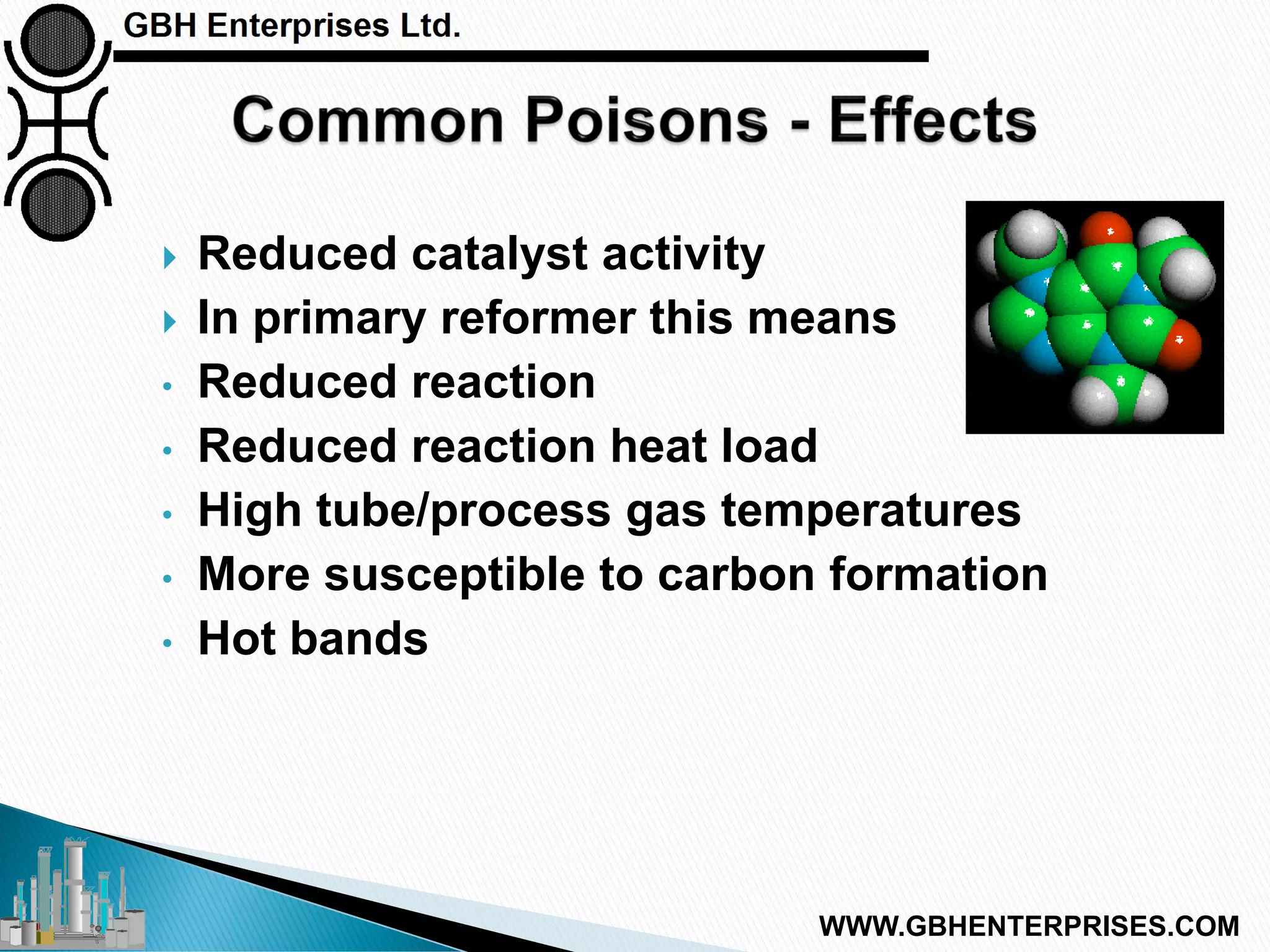 Reduced catalyst activity
 In primary reformer this means
• Reduced reaction
• Reduced reaction heat load
• High tube/process gas temperatures
• More susceptible to carbon formation
• Hot bands
WWW.GBHENTERPRISES.COM
 