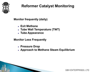 Reformer Catalyst Monitoring
Monitor frequently (daily)
 Exit Methane
 Tube Wall Temperature (TWT)
 Tube Appearance
Monitor Less Frequently
 Pressure Drop
 Approach to Methane Steam Equilibrium
 