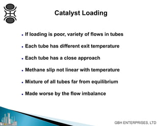 Catalyst Loading
 If loading is poor, variety of flows in tubes
 Each tube has different exit temperature
 Each tube has a close approach
 Methane slip not linear with temperature
 Mixture of all tubes far from equilibrium
 Made worse by the flow imbalance
 