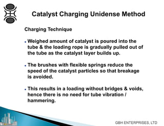 Charging Technique
 Weighed amount of catalyst is poured into the
tube & the loading rope is gradually pulled out of
the tube as the catalyst layer builds up.
 The brushes with flexible springs reduce the
speed of the catalyst particles so that breakage
is avoided.
 This results in a loading without bridges & voids,
hence there is no need for tube vibration /
hammering.
Catalyst Charging Unidense Method
 