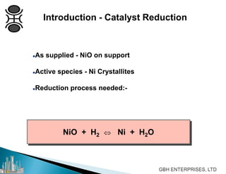As supplied - NiO on support
Active species - Ni Crystallites
Reduction process needed:-
NiO + H2 ⇔ Ni + H2O
Introduction - Catalyst Reduction
 