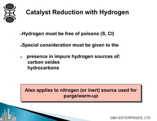 Hydrogen must be free of poisons (S, CI)
Special consideration must be given to the
 presence in impure hydrogen sources of:
carbon oxides
hydrocarbons
Also applies to nitrogen (or inert) source used for
purge/warm-up
Catalyst Reduction with Hydrogen
 
