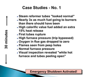  Steam reformer tubes "looked normal"
 Nearly 3x as much fuel going to burners
than there should have been
 High calorific value fuel added an extra
15% heat release
 First tubes rupture
 High furnace pressure (trip bypassed)
 Oxygen in flue gas dropped to zero
 Flames seen from peep holes
 Normal furnace pressure
 Visual inspection revealed "white hot
furnace and tubes peeling open"
Emergency Shutdown Activated!
30minutes Case Studies - No. 1
 