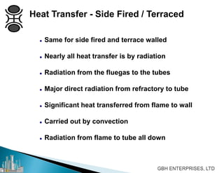 Heat Transfer - Side Fired / Terraced
 Same for side fired and terrace walled
 Nearly all heat transfer is by radiation
 Radiation from the fluegas to the tubes
 Major direct radiation from refractory to tube
 Significant heat transferred from flame to wall
 Carried out by convection
 Radiation from flame to tube all down
 