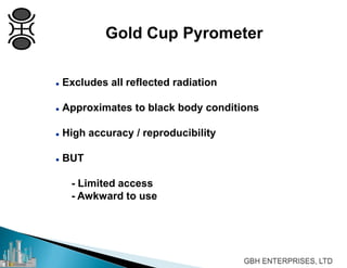 Gold Cup Pyrometer
 Excludes all reflected radiation
 Approximates to black body conditions
 High accuracy / reproducibility
 BUT
- Limited access
- Awkward to use
 