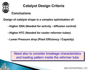 Catalyst Design Criteria
Conclusions
Design of catalyst shape is a complex optimization of:
- Higher GSA (Needed for activity - diffusion control)
- Higher HTC (Needed for cooler reformer tubes)
- Lower Pressure drop (Plant Efficiency / Capacity)
Need also to consider breakage characteristics
and loading pattern inside the reformer tube
 