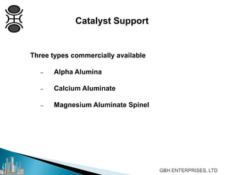 Catalyst Support
Three types commercially available
– Alpha Alumina
– Calcium Aluminate
– Magnesium Aluminate Spinel
 