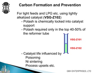 Carbon Formation and Prevention
For light feeds and LPG etc. using lightly
alkalized catalyst (VSG-Z102)
- Potash is chemically locked into catalyst
support
- Potash required only in the top 40-50% of
the reformer tube
- Catalyst life influenced by
Poisoning
Ni sintering
Process upsets etc.
VSG-Z101
VSG-Z102
 
