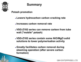 Potash promotion
 Lowers hydrocarbon carbon cracking rate
 Increases carbon removal rate
 VSG-Z102 series can remove carbon from tube
wall ("mobile" potash)
 VSG-Z102 series contain some NiO/MgO solid
solutions to lower polymerisation activity
 Greatly facilitates carbon removal during
steaming operation (after severe carbon
formation)
Summary
 
