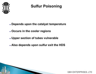 Sulfur Poisoning
 Depends upon the catalyst temperature
 Occurs in the cooler regions
 Upper section of tubes vulnerable
 Also depends upon sulfur exit the HDS
 