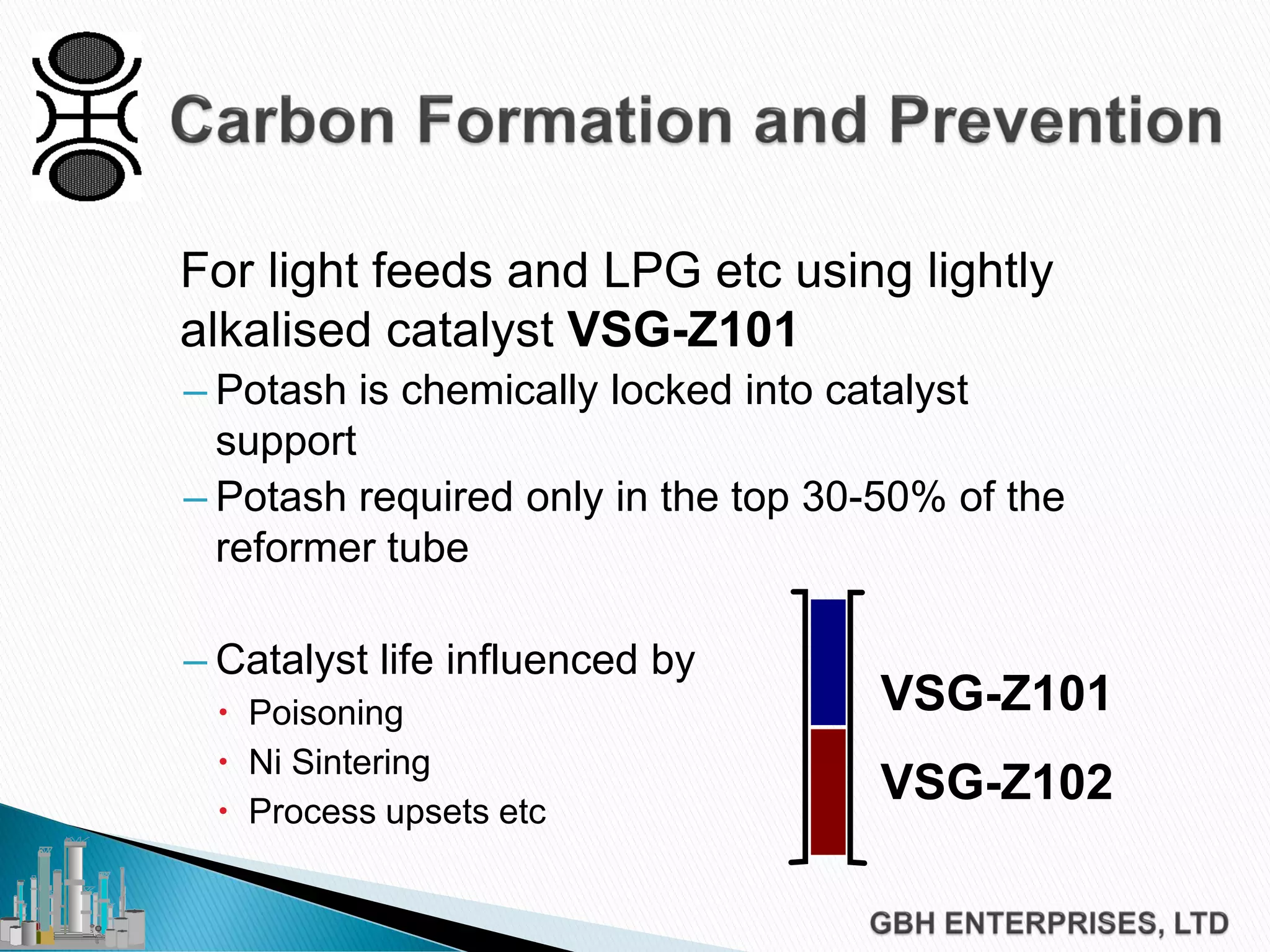 For light feeds and LPG etc using lightly
alkalised catalyst VSG-Z101
– Potash is chemically locked into catalyst
support
– Potash required only in the top 30-50% of the
reformer tube
– Catalyst life influenced by
 Poisoning
 Ni Sintering
 Process upsets etc
VSG-Z101
VSG-Z102
 