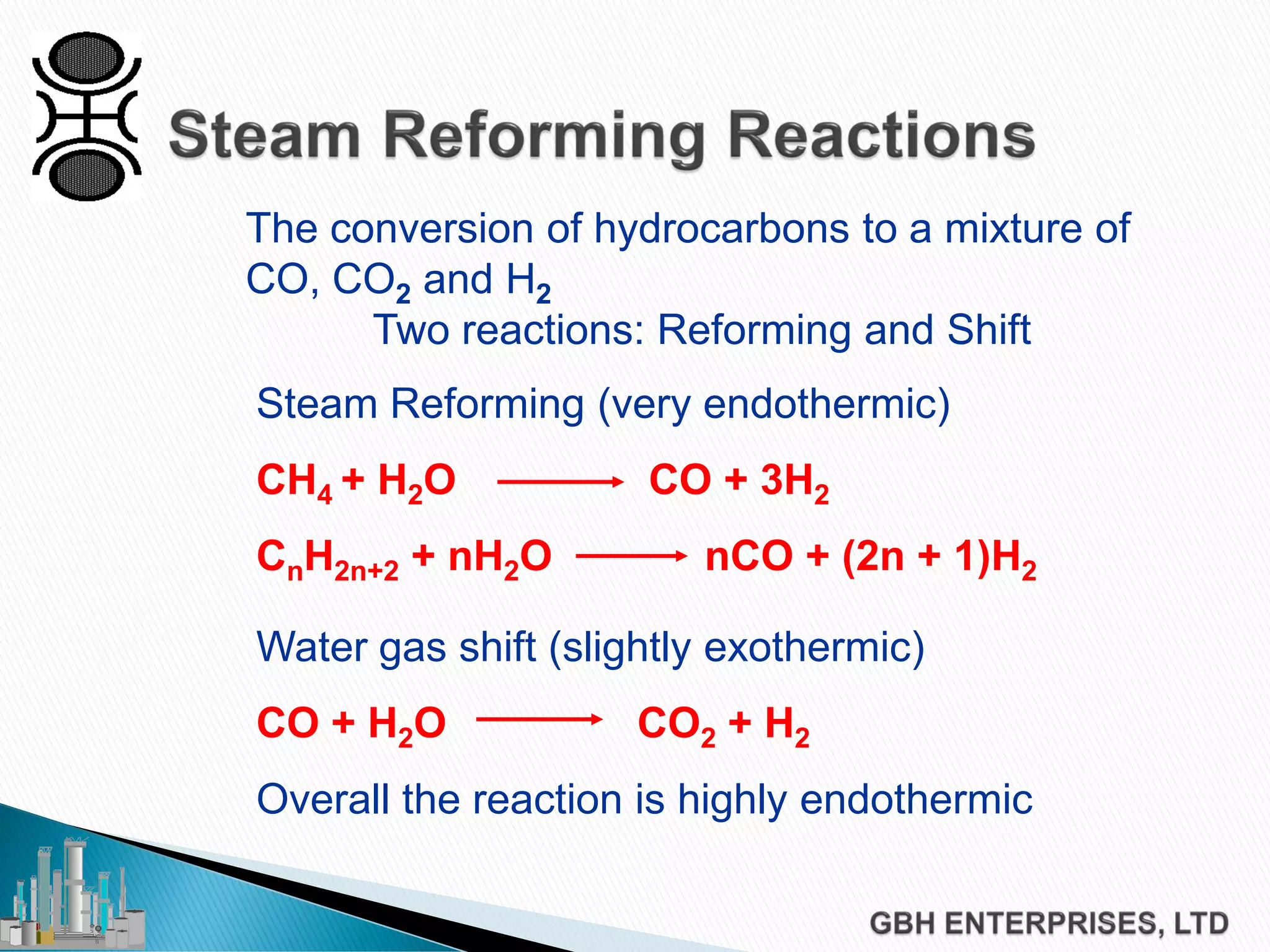 The conversion of hydrocarbons to a mixture of
CO, CO2 and H2
Two reactions: Reforming and Shift
Steam Reforming (very endothermic)
CH4 + H2O CO + 3H2
CnH2n+2 + nH2O nCO + (2n + 1)H2
Water gas shift (slightly exothermic)
CO + H2O CO2 + H2
Overall the reaction is highly endothermic
 
