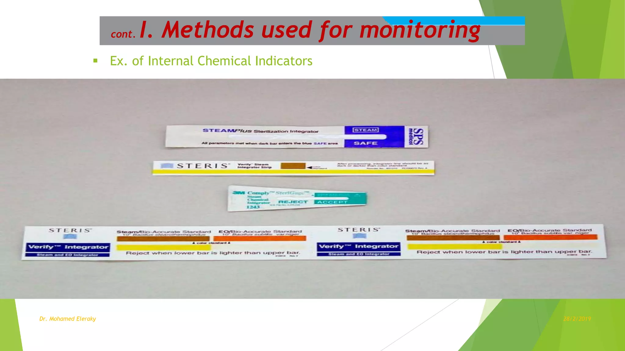  Ex. of Internal Chemical Indicators
cont. I. Methods used for monitoring
Dr. Mohamed Eleraky 28/2/2019
 