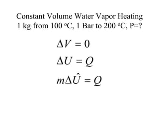 Constant Volume Water Vapor Heating
1 kg from 100 oC, 1 Bar to 200 oC, P=?

V
U
ˆ
m U

0
Q
Q

 
