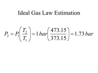 Ideal Gas Law Estimation

P2

T2
P
1
T1

473.15
1 bar
373.15

1.73 bar

 