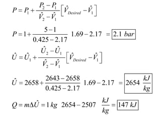 P

P
1

P2 P
1
ˆ ˆ
V2 V1

ˆ
ˆ
VDesired V1

5 1
P 1
1.69 2.17
0.425 2.17
ˆ
ˆ
U 2 U1
ˆ ˆ
ˆ
ˆ
U U1
VDesired V1
ˆ ˆ
V2 V1

2.1 bar

ˆ
U

2643 2658
2658
1.69 2.17
0.425 2.17

Q

ˆ
m U

kJ
1 kg 2654 2507
kg

kJ
2654
kg
147 kJ

 