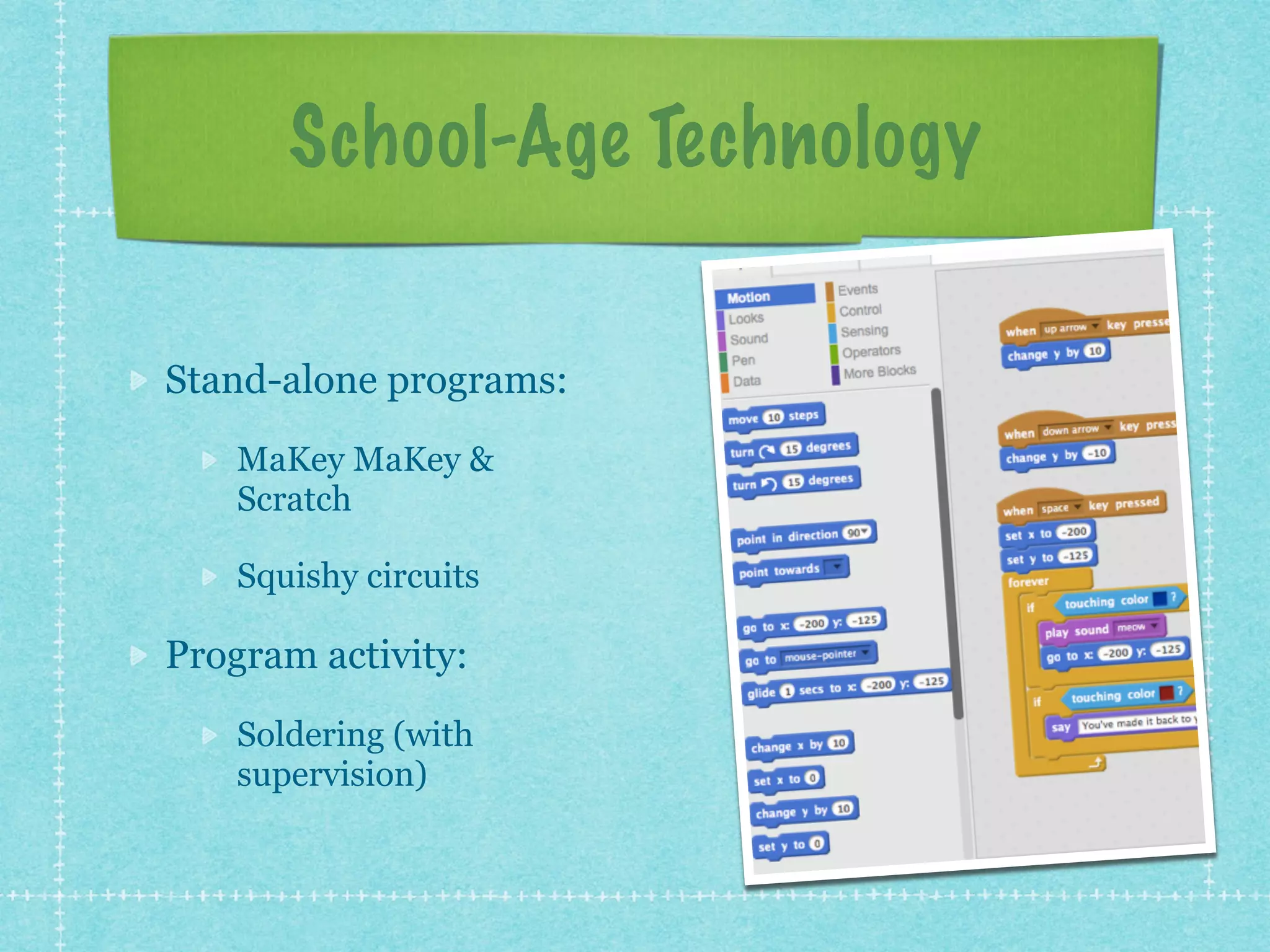 School-Age Technology 
Stand-alone programs: 
MaKey MaKey & 
Scratch 
Squishy circuits 
Program activity: 
Soldering (with 
supervision) 
 