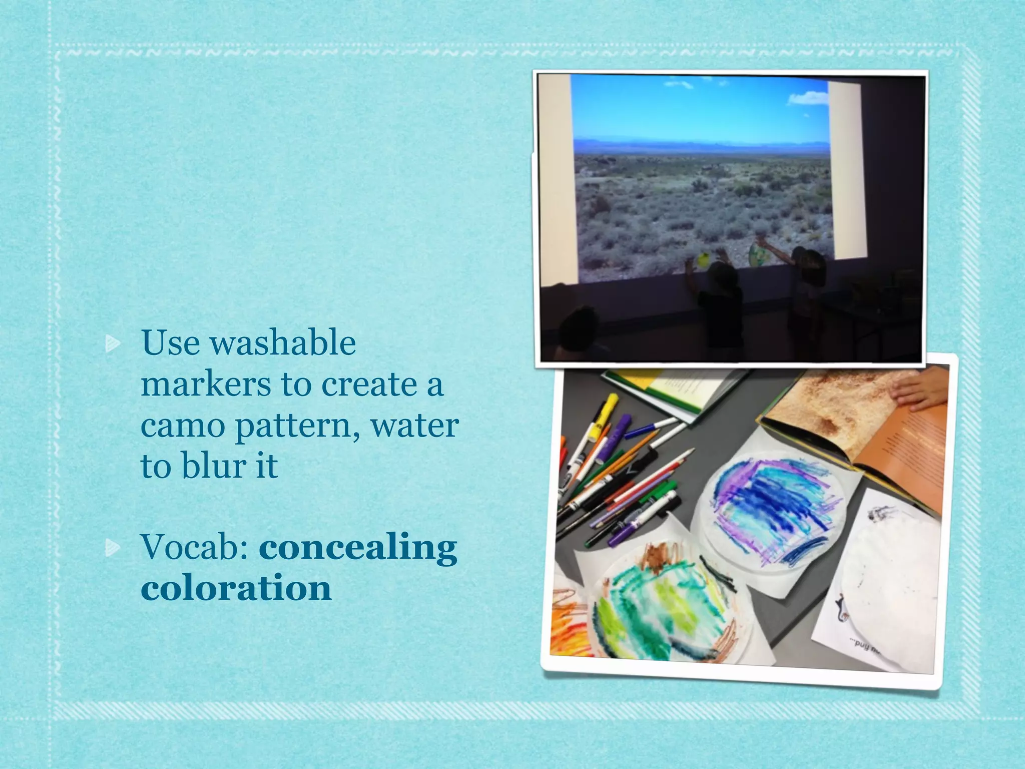 Use washable 
markers to create a 
camo pattern, water 
to blur it 
Vocab: concealing 
coloration 
 