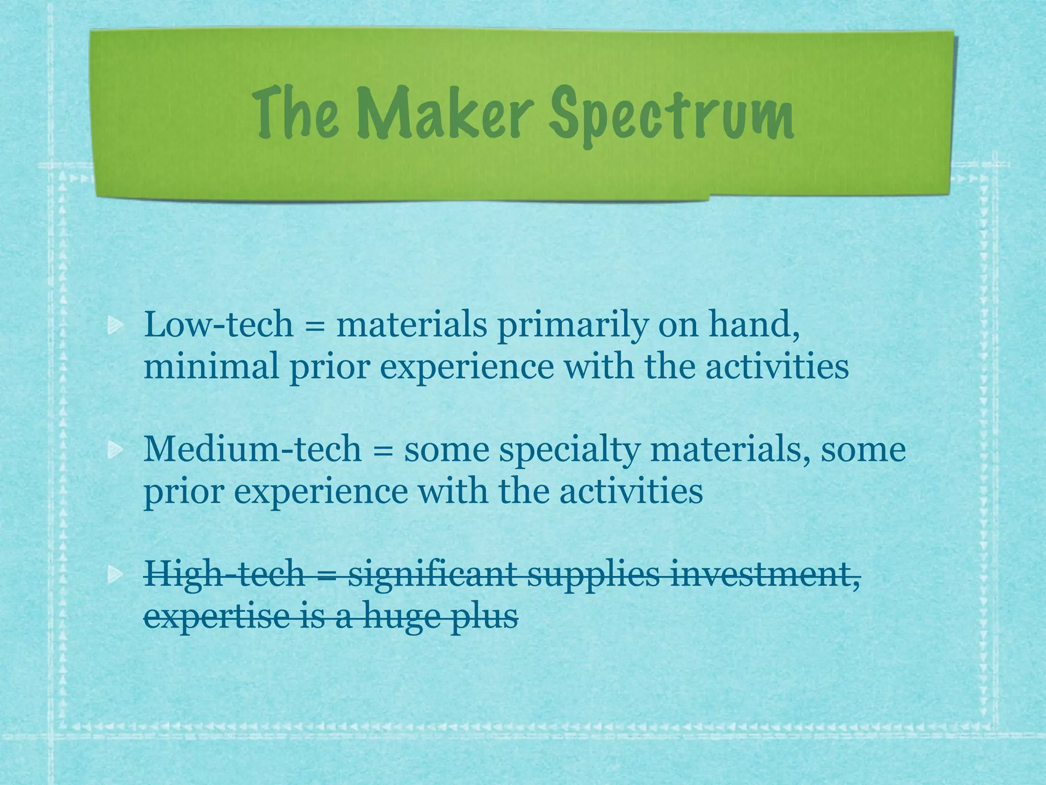 The Maker Spectrum 
Low-tech = materials primarily on hand, 
minimal prior experience with the activities 
Medium-tech = some specialty materials, some 
prior experience with the activities 
High-tech = significant supplies investment, 
expertise is a huge plus 
 