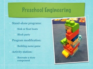 Preschool Engineering 
Stand-alone programs: 
Sink or float boats 
Block party 
Program modification: 
Building name game 
Activity station: 
Recreate a story 
component 
 