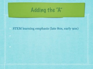 Adding the “A” 
STEM learning emphasis (late 80s, early 90s) 
“The arts and sciences are avatars of human 
creativity.” ~Mae Jemison (early 2000s) 
“The problem-solving, the fearlessness, and the 
critical thinking and making skills.” ~John 
Maeda (early 2010s) 
 