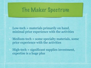 The Maker Spectrum 
Low-tech = materials primarily on hand, 
minimal prior experience with the activities 
Medium-tech = some specialty materials, some 
prior experience with the activities 
High-tech = significant supplies investment, 
expertise is a huge plus 
 