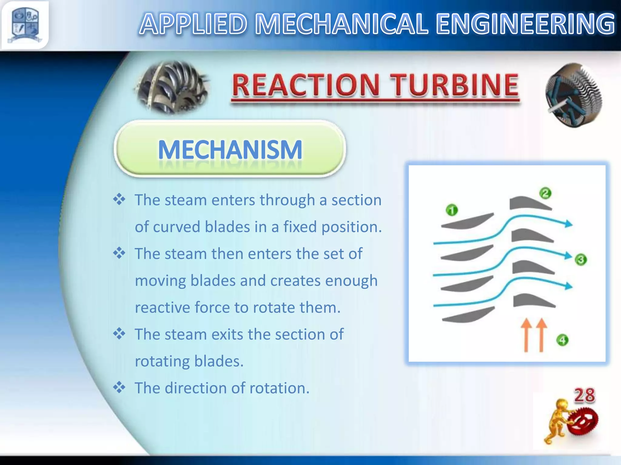  The steam enters through a section
of curved blades in a fixed position.
 The steam then enters the set of
moving blades and creates enough
reactive force to rotate them.
 The steam exits the section of
rotating blades.
 The direction of rotation.

 