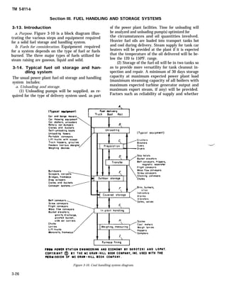 TM 5-811-6
Section Ill. FUEL HANDLING AND STORAGE SYSTEMS
3-13. Introduction
a. Purpose. Figure 3-10 is a block diagram illus-
trating the various steps and equipment required
for a solid fuel storage and handling system.
b. Fuels for consideration. Equipment required
for a system depends on the type of fuel or fuels
burned. The three major types of fuels utilized for
steam raising are gaseous, liquid and solid.
3-14. Typical fuel oil storage and han-
dling system
The usual power plant fuel oil storage and handling
system includes:
a. Unloading and storage.
(1) Unloading pumps will be supplied, as re-
quired for the type of delivery system used, as part
of the power plant facilities. Time for unloading will
be analyzed and unloading pump(s) optimized for
the circumstances and oil quantities involved.
Heavier fuel oils are loaded into transport tanks hot
and cool during delivery. Steam supply for tank car
heaters will be provided at the plant if it is expected
that the temperature of the oil delivered will be be-
low the 120 to 150ºF. range.
(2) Storage of the fuel oil will be in two tanks so
as to provide more versatility for tank cleanout in-
spection and repair. A minimum of 30 days storage
capacity at maximum expected power plant load
(maximum steaming capacity of all boilers with
maximum expected turbine generator output and
maximum export steam, if any) will be provided.
Factors such as reliability of supply and whether
Figure 3-10. Coal handling system diagram.
3-26
 