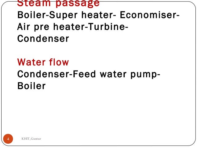 Steam passage
Boiler-Super heater- Economiser-
Air pre heater-Turbine-
Condenser
Water flow
Condenser-Feed water pump-
Boi...