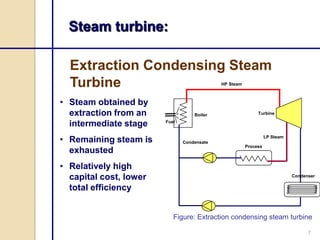Steam turbine:

  Extraction Condensing Steam
  Turbine                                   HP Steam



• Steam obtained by
  extraction from an               Boiler                   Turbine

  intermediate stage    Fuel



• Remaining steam is           Condensate
                                                                 LP Steam

                                                       Process
  exhausted
• Relatively high
  capital cost, lower                                                       Condenser

  total efficiency


                           Figure: Extraction condensing steam turbine

                                                                                  7
 