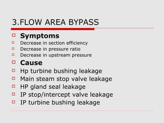 3.FLOW AREA BYPASS
 Symptoms
 Decrease in section efficiency
 Decrease in pressure ratio
 Decrease in upstream pressure
 Cause
 Hp turbine bushing leakage
 Main steam stop valve leakage
 HP gland seal leakage
 IP stop/intercept valve leakage
 IP turbine bushing leakage
 