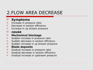 2.FLOW AREA DECREASE
 Symptoms
 Increase in pressure ratio
 Decrease in section efficiency
 Increase in up stream pressure
 cause
 Mechanical blockage
 Sudden increase in pressure ratio
 Sudden decrease in section efficiency
 Sudden increase in up stream pressure
 Blade deposits
 Gradual increase in pressure ratio
 Gradual decrease in section efficiency
 Gradual increase in upstream pressure
 
