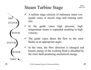 PEMP
RMD 2501
Steam Turbine Stage
A turbine stage consists of stationary stator row
(guide vanes or nozzle ring) and rotating rotor
row.row.
In the guide vanes high pressure, high
temperature steam is expanded resulting in high
The guide vanes direct the flow to the rotor
p p g g
velocity.
The guide vanes direct the flow to the rotor
blades at an appropriate angle.
In the rotor, the flow direction is changed andIn the rotor, the flow direction is changed and
kinetic energy of the working fluid is absorbed by
the rotor shaft producing mechanical energy
© M.S. Ramaiah School of Advanced Studies13 15
 
