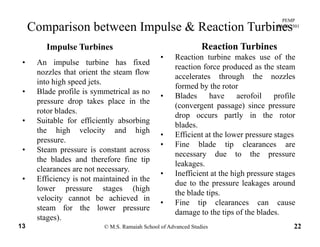 PEMP
RMD 2501
Comparison between Impulse & Reaction Turbines
Imp lse T rbines Reaction TurbinesImpulse Turbines
• Reaction turbine makes use of the
reaction force produced as the steam
accelerates through the nozzles
• An impulse turbine has fixed
nozzles that orient the steam flow
Reaction Turbines
accelerates through the nozzles
formed by the rotor
• Blades have aerofoil profile
(convergent passage) since pressure
into high speed jets.
• Blade profile is symmetrical as no
pressure drop takes place in the
bl d
(convergent passage) since pressure
drop occurs partly in the rotor
blades.
• Efficient at the lower pressure stages
rotor blades.
• Suitable for efficiently absorbing
the high velocity and high
pressure
• Fine blade tip clearances are
necessary due to the pressure
leakages.
pressure.
• Steam pressure is constant across
the blades and therefore fine tip
clearances are not necessary
• Inefficient at the high pressure stages
due to the pressure leakages around
the blade tips.
Fine tip clearances can ca se
clearances are not necessary.
• Efficiency is not maintained in the
lower pressure stages (high
velocity cannot be achieved in
© M.S. Ramaiah School of Advanced Studies13 22
• Fine tip clearances can cause
damage to the tips of the blades.
y
steam for the lower pressure
stages).
 