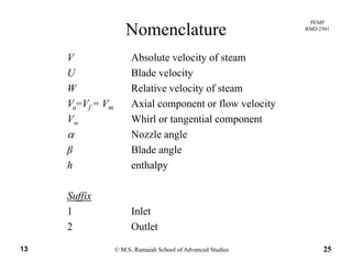 PEMP
RMD 2501
Nomenclature
V Absolute velocity of steam
U Blade velocity
l i l i fW Relative velocity of steam
Va=Vf = Vm Axial component or flow velocity
V Whirl or tangential componentVw Whirl or tangential component
α Nozzle angle
β Blade angleβ Blade angle
h enthalpy
Suffix
1 Inlet
© M.S. Ramaiah School of Advanced Studies13 25
2 Outlet
 
