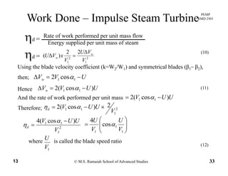 PEMP
RMD 2501
Work Done – Impulse Steam Turbine
Rate of work performed per unit mass flow
Energy supplied per unit mass of steam
ηd =
(10)22
)(
VU
VU wΔ
Δη ( )
2
1
2
1
)(
VV
xVU w
w =Δηd =
Using the blade velocity coefficient (k=W2/W1) and symmetrical blades (β1= β2),
then; UVV =Δ cos2 αthen; UVVw −=Δ 11 cos2 α
Hence
And the rate of work performed per unit mass UUV )cos(2 11 −= α
UUVVw )cos(2 11 −=Δ α (11)
And the rate of work performed per unit mass
Therefore;
UUV )cos(2 11 α
2
1
11
2)cos(2
V
UUVd ×−= αη
)cos(4 UUV −α ⎟
⎞
⎜
⎛4 UU
2
1
11 )cos(4
V
UUV
d
−
=
α
η ⎟⎟
⎠
⎞
⎜⎜
⎝
⎛
=
1
1
1
cos
4
V
U
V
U
α
Uwhere is called the blade speed ratio
(12)
© M.S. Ramaiah School of Advanced Studies13 33
1V
p
(12)
 