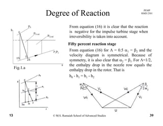 PEMP
RMD 2501
Degree of Reaction
From equation (16) it is clear that the reaction
is negative for the impulse turbine stage when
irreversibility is taken into account.
Fifty percent reaction stage
From equation (16) for Λ = 0.5 α1 = β2 and the
velocity diagram is symmetrical Because of
Fig.1.a
velocity diagram is symmetrical. Because of
symmetry, it is also clear that α2 = β1. For Λ=1/2,
the enthalpy drop in the nozzle row equals the
enthalpy drop in the rotor. That isenthalpy drop in the rotor. That is
h0 - h1 = h1 - h2
© M.S. Ramaiah School of Advanced Studies13 39
 