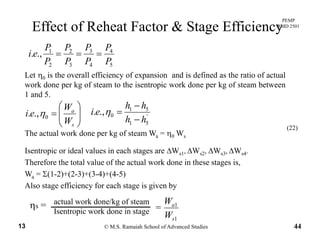 PEMP
RMD 2501
PPPP
Effect of Reheat Factor & Stage Efficiency
5
4
4
3
3
2
2
1
.,.
P
P
P
P
P
P
P
P
ei ===
Let η0 is the overall efficiency of expansion and is defined as the ratio of actualLet η0 is the overall efficiency of expansion and is defined as the ratio of actual
work done per kg of steam to the isentropic work done per kg of steam between
1 and 5.
⎟
⎞
⎜
⎛W 51 hh −
⎟⎟
⎠
⎞
⎜⎜
⎝
⎛
=
s
a
W
W
ei 0.,. η '
51
51
0.,.
hh
hh
ei
−
=η
The actual work done per kg of steam Wa = η0 Ws
(22)
Isentropic or ideal values in each stages are ΔWs1, ΔWs2, ΔWs3, ΔWs4.
Therefore the total value of the actual work done in these stages is,
Wa = Σ(1-2)+(2-3)+(3-4)+(4-5)
Also stage efficiency for each stage is given by
actual work done/kg of steam W
© M.S. Ramaiah School of Advanced Studies13 44
ηs = actual work done/kg of steam
Isentropic work done in stage
1
1
s
a
W
W
=
 