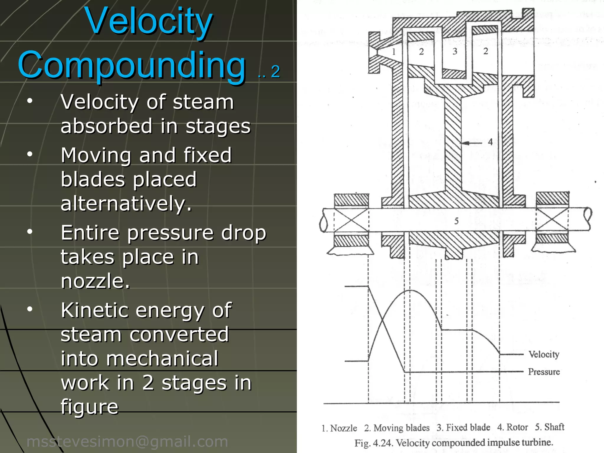 Velocity
Compounding .. 2
•

•

•

•

Velocity of steam
absorbed in stages
Moving and fixed
blades placed
alternatively.
Entire pressure drop
takes place in
nozzle.
Kinetic energy of
steam converted
into mechanical
work in 2 stages in
figure

msstevesimon@gmail.com

 