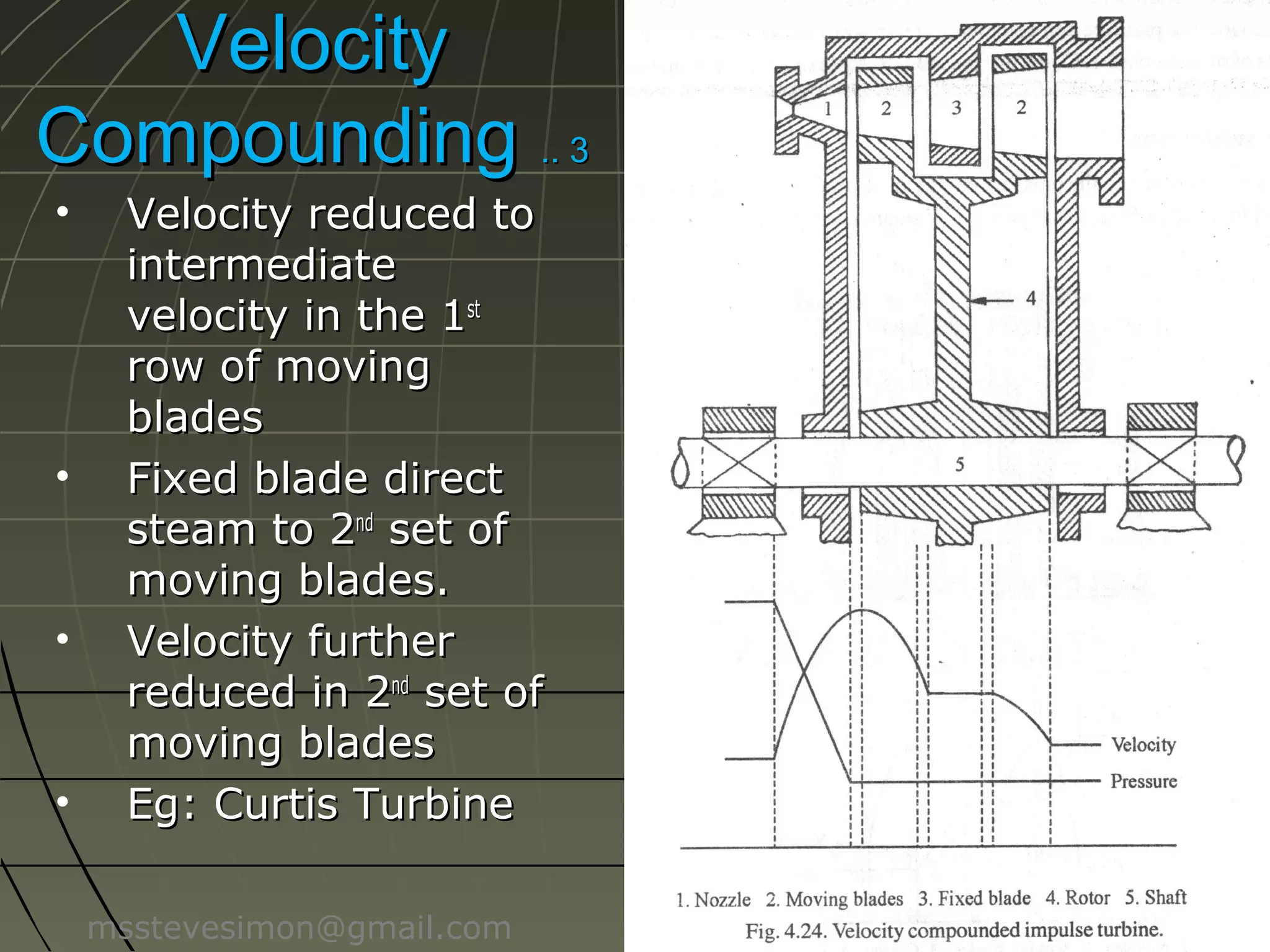 Velocity
Compounding .. 3
•

•

•

•

Velocity reduced to
intermediate
velocity in the 1st
row of moving
blades
Fixed blade direct
steam to 2nd set of
moving blades.
Velocity further
reduced in 2nd set of
moving blades
Eg: Curtis Turbine
msstevesimon@gmail.com

 