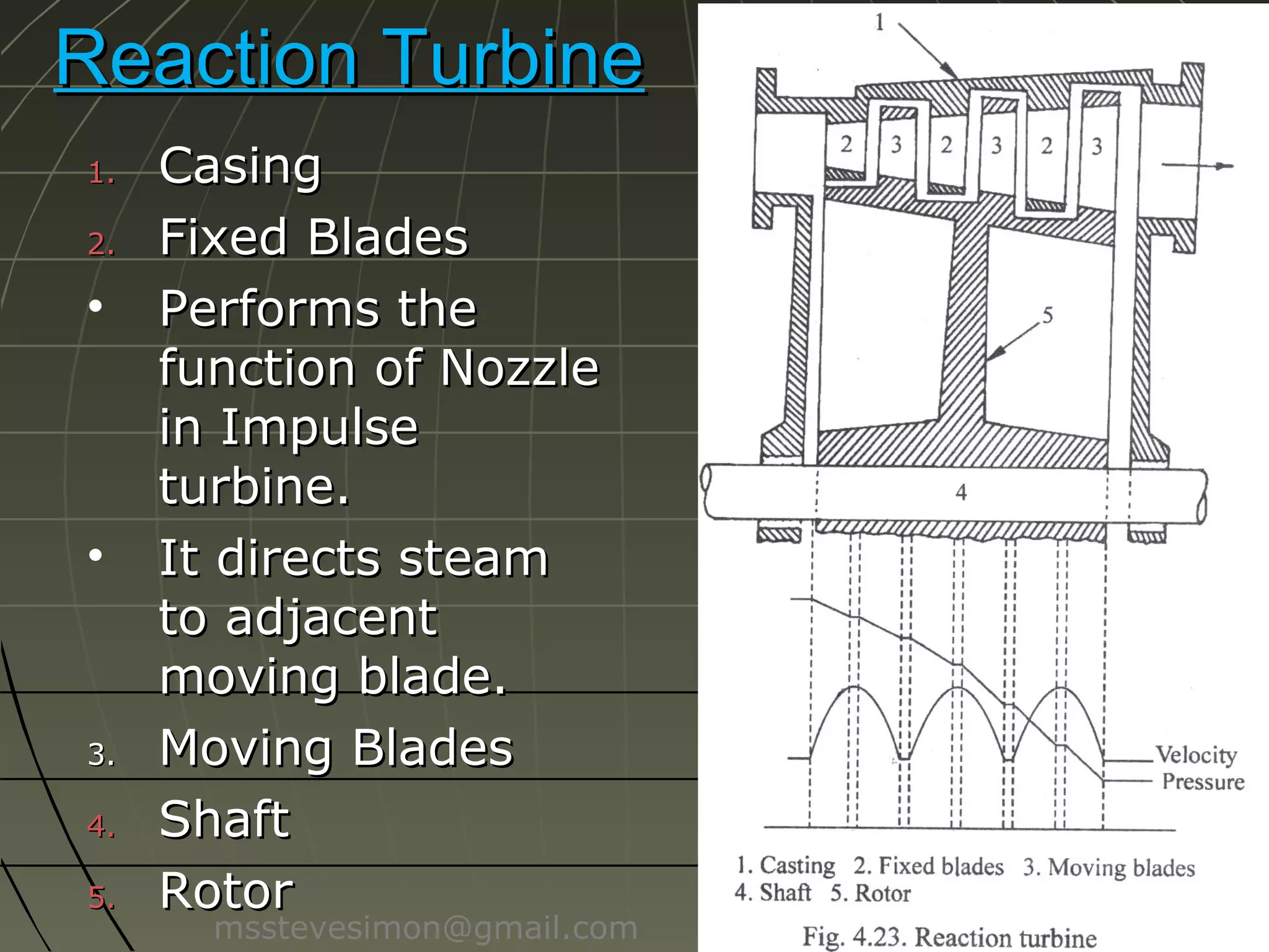 Reaction Turbine
1.
2.

•

•

3.
4.
5.

Casing
Fixed Blades
Performs the
function of Nozzle
in Impulse
turbine.
It directs steam
to adjacent
moving blade.
Moving Blades
Shaft
Rotor

msstevesimon@gmail.com

 